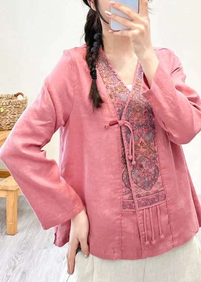 Women Pink V Neck Embroideried Floral Patchwork Linen Shirts Fall Ada Fashion