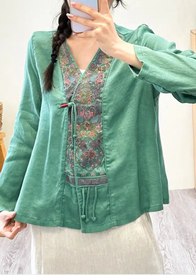 Women Pink V Neck Embroideried Floral Patchwork Linen Shirts Fall Ada Fashion