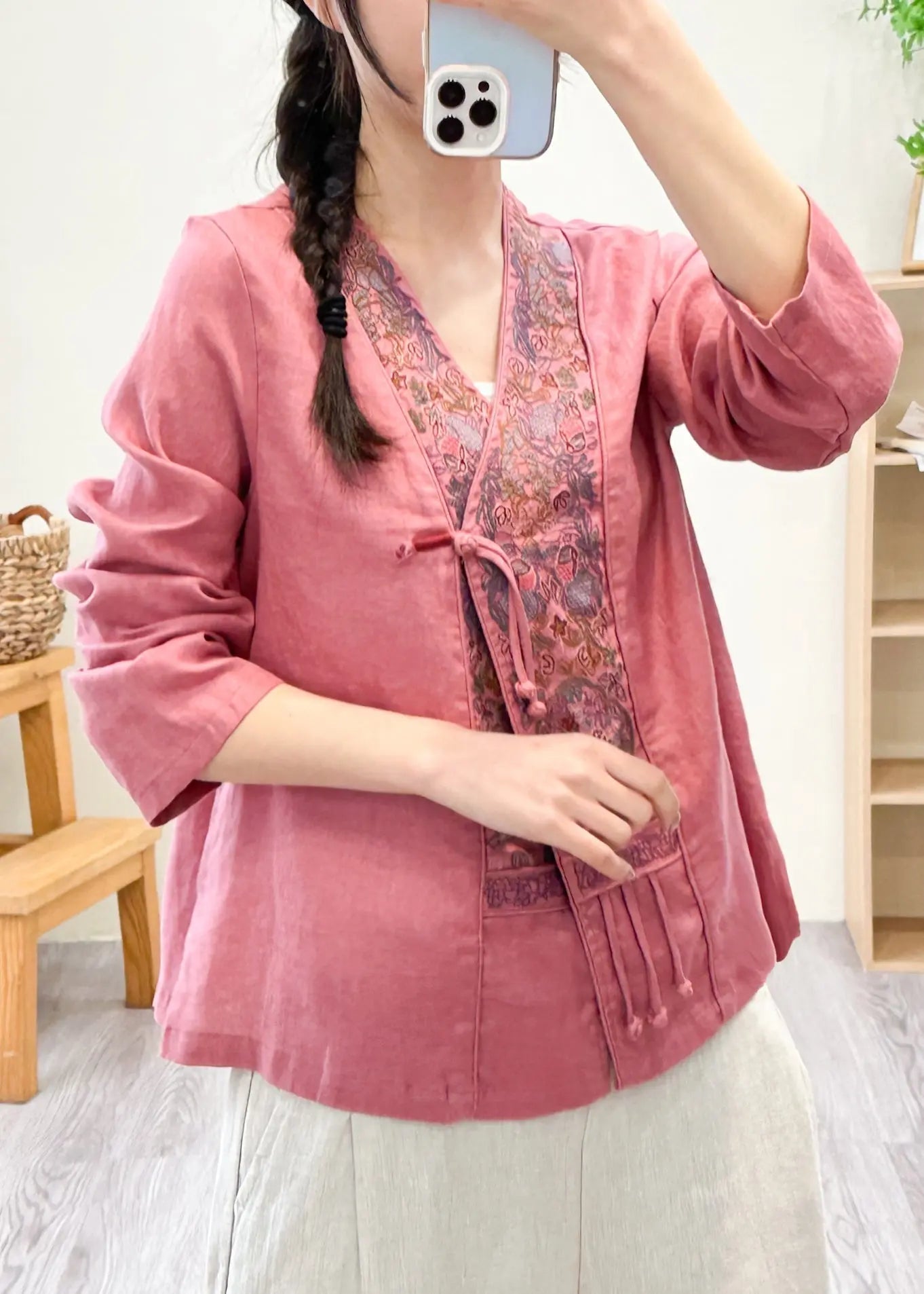 Women Pink V Neck Embroideried Floral Patchwork Linen Shirts Fall Ada Fashion
