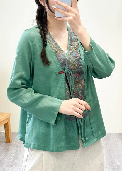 Women Pink V Neck Embroideried Floral Patchwork Linen Shirts Fall Ada Fashion