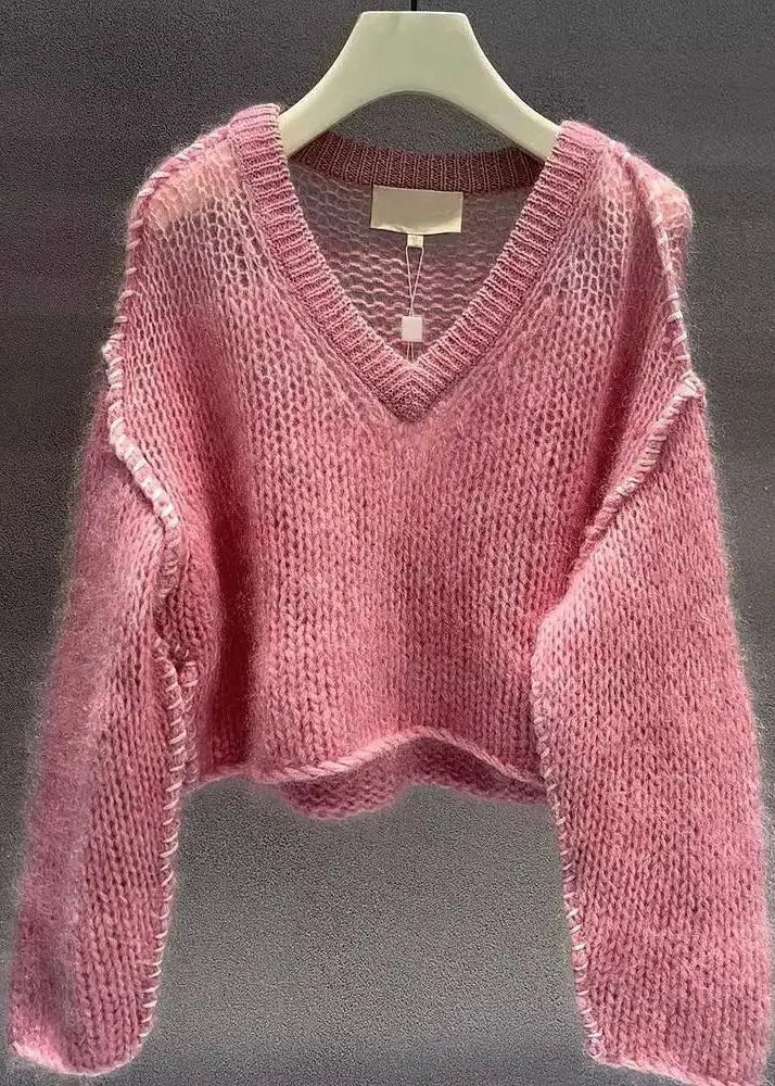 Women Pink V Neck Hollow Out Cotton Knit Sweaters Fall Ada Fashion