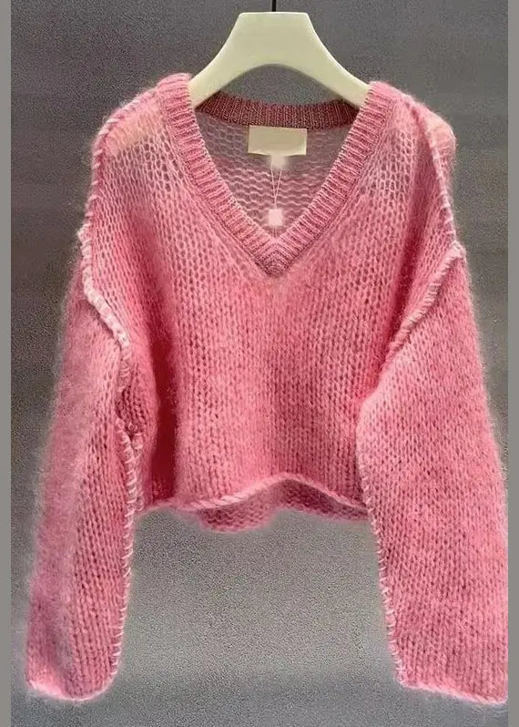 Women Pink V Neck Hollow Out Cotton Knit Sweaters Fall Ada Fashion