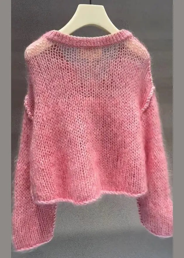 Women Pink V Neck Hollow Out Cotton Knit Sweaters Fall Ada Fashion