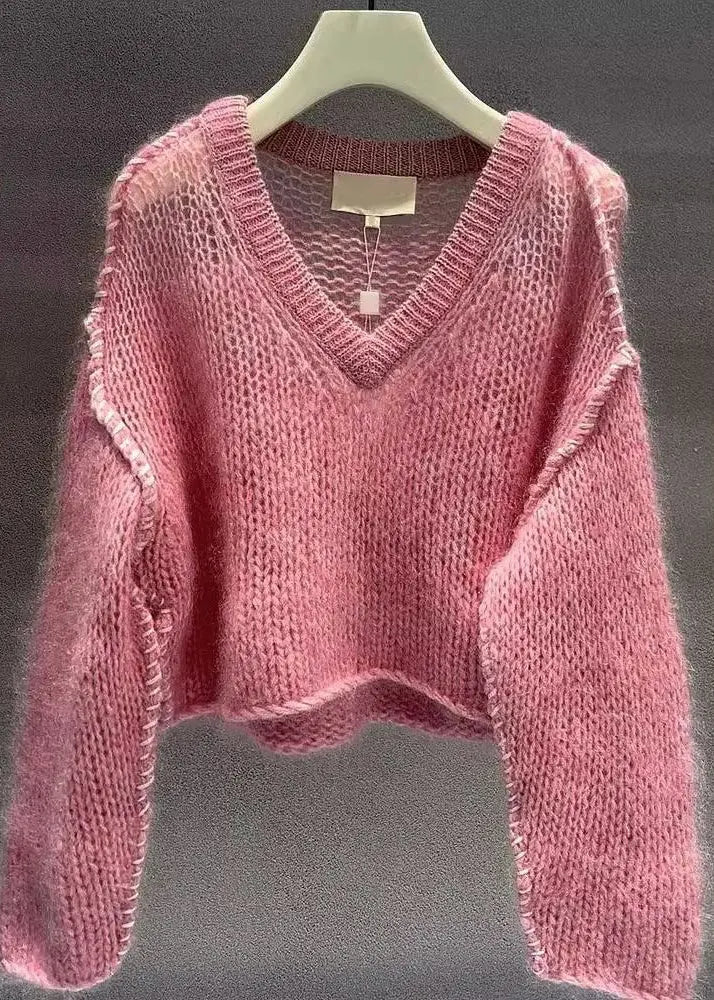 Women Pink V Neck Hollow Out Cotton Knit Sweaters Fall Ada Fashion