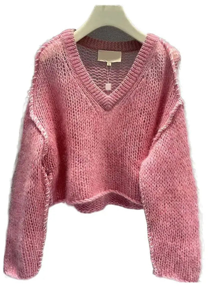 Women Pink V Neck Hollow Out Cotton Knit Sweaters Fall Ada Fashion