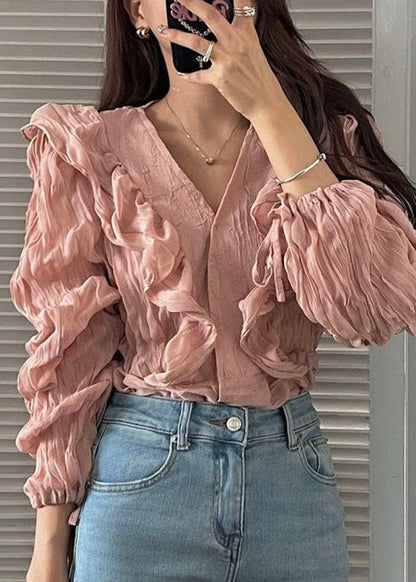 Women Pink V Neck Ruffled Patchwork Chiffon Blouses Spring LY2656 - fabuloryshop