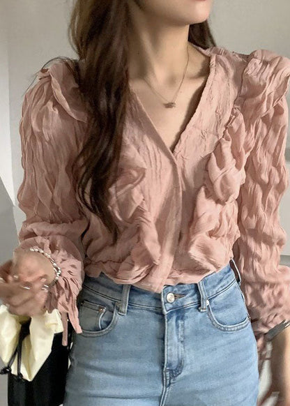 Women Pink V Neck Ruffled Patchwork Chiffon Blouses Spring LY2656 - fabuloryshop