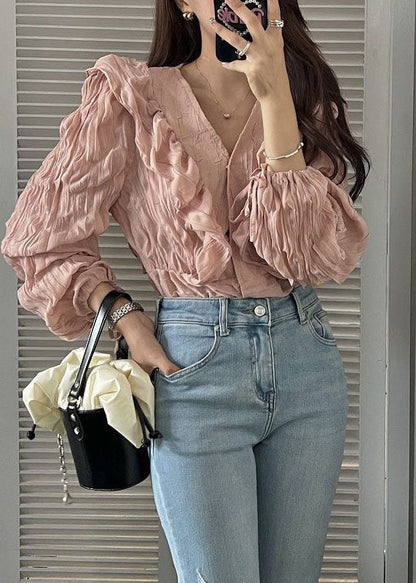 Women Pink V Neck Ruffled Patchwork Chiffon Blouses Spring LY2656 - fabuloryshop