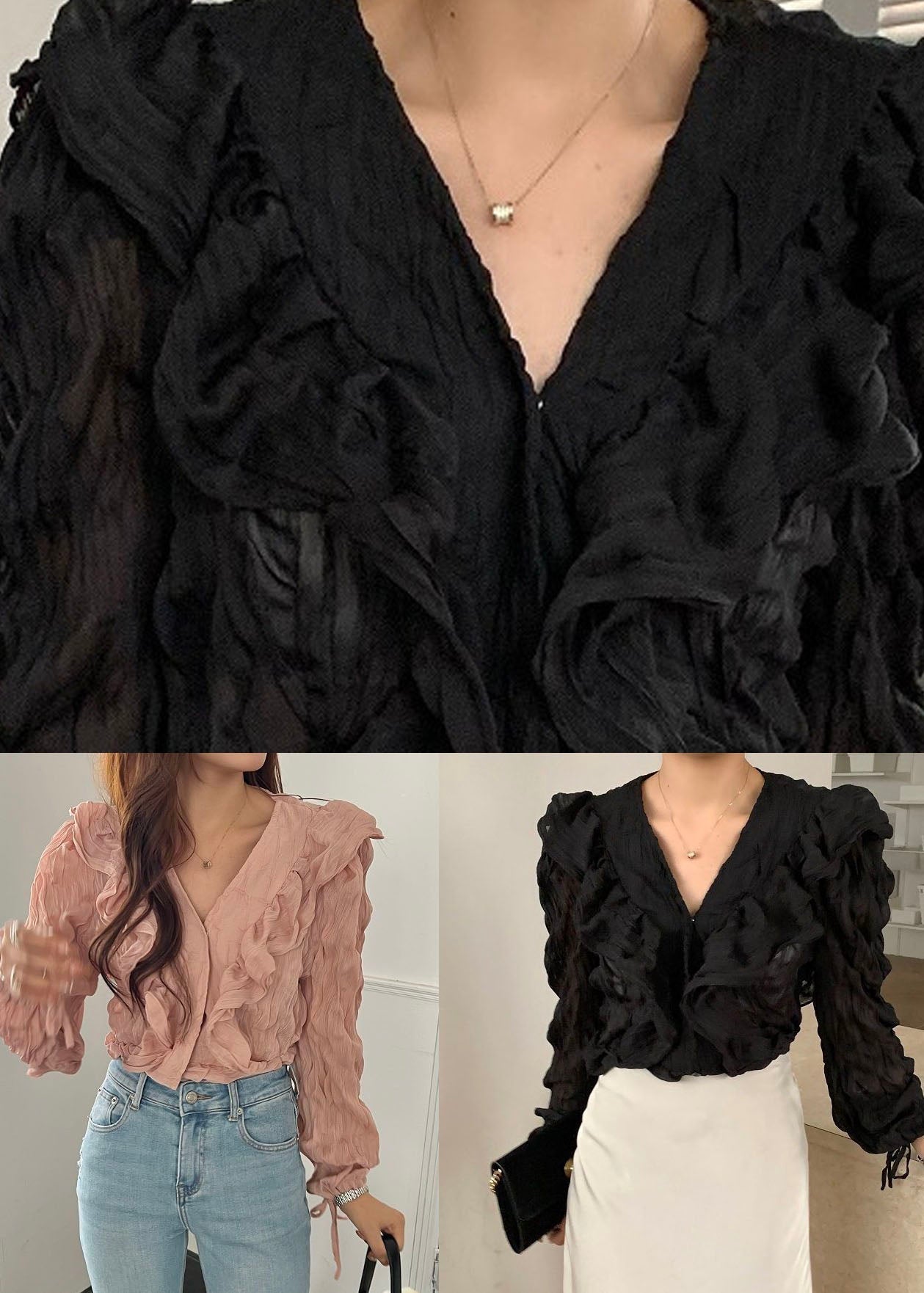 Women Pink V Neck Ruffled Patchwork Chiffon Blouses Spring LY2656 - fabuloryshop