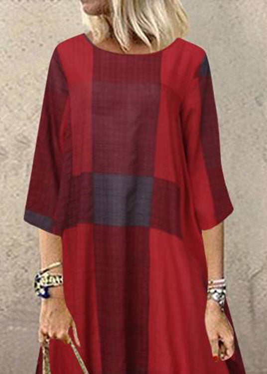 Women Plaid Short Sleeve Crew Neck Side Pocket Baggy Vintage Long Maxi Dress Wine Red LC0030