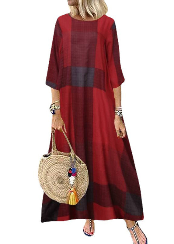 Women Plaid Short Sleeve Crew Neck Side Pocket Baggy Vintage Long Maxi Dress Wine Red LC0030
