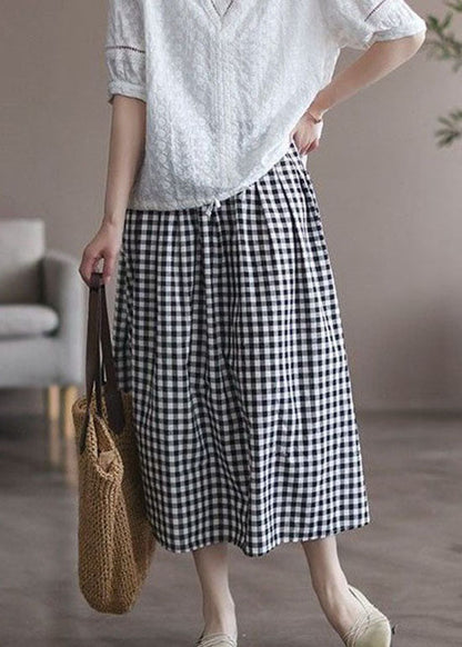 Women Plaid Wrinkled Pockets Patchwork Cotton Skirts Summer LY4148 - fabuloryshop