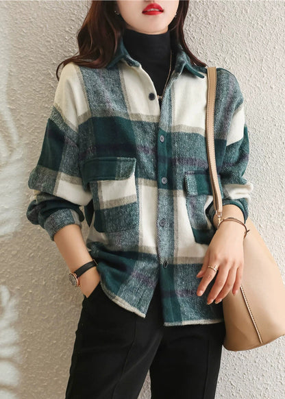 Green Plaid Peter Pan Collar Cotton Shirt Tops