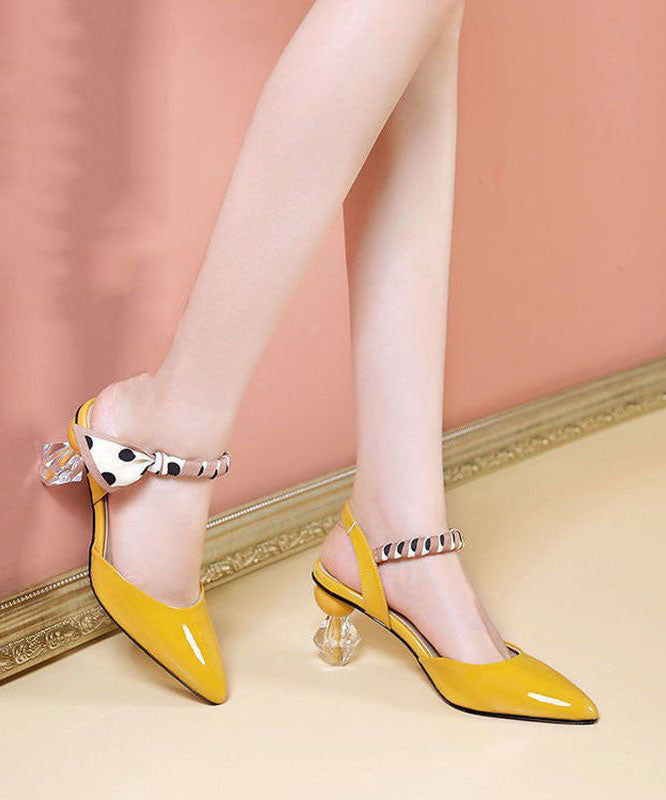 Women Pointed Toe Chunky Yellow Cowhide Leather High Heel Slippers LC0184 - fabuloryshop