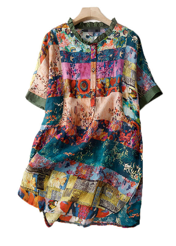 Women Print Button Side Open Linen Shirts Short Sleeve LY2923 - fabuloryshop