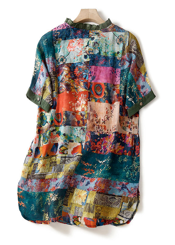 Women Print Button Side Open Linen Shirts Short Sleeve LY2923 - fabuloryshop