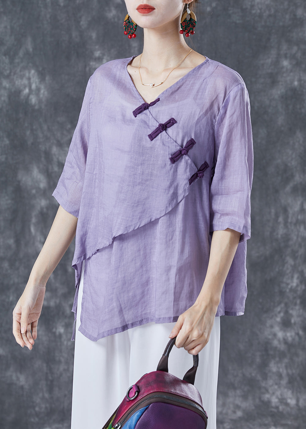 Women Purple Asymmetrical Chinese Button Linen Blouse Tops Summer LY4137 - fabuloryshop