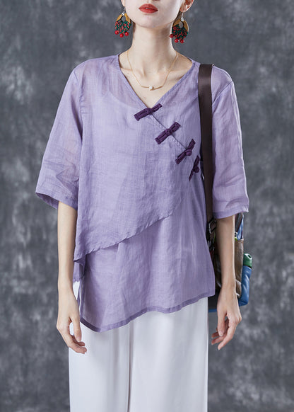 Women Purple Asymmetrical Chinese Button Linen Blouse Tops Summer LY4137 - fabuloryshop