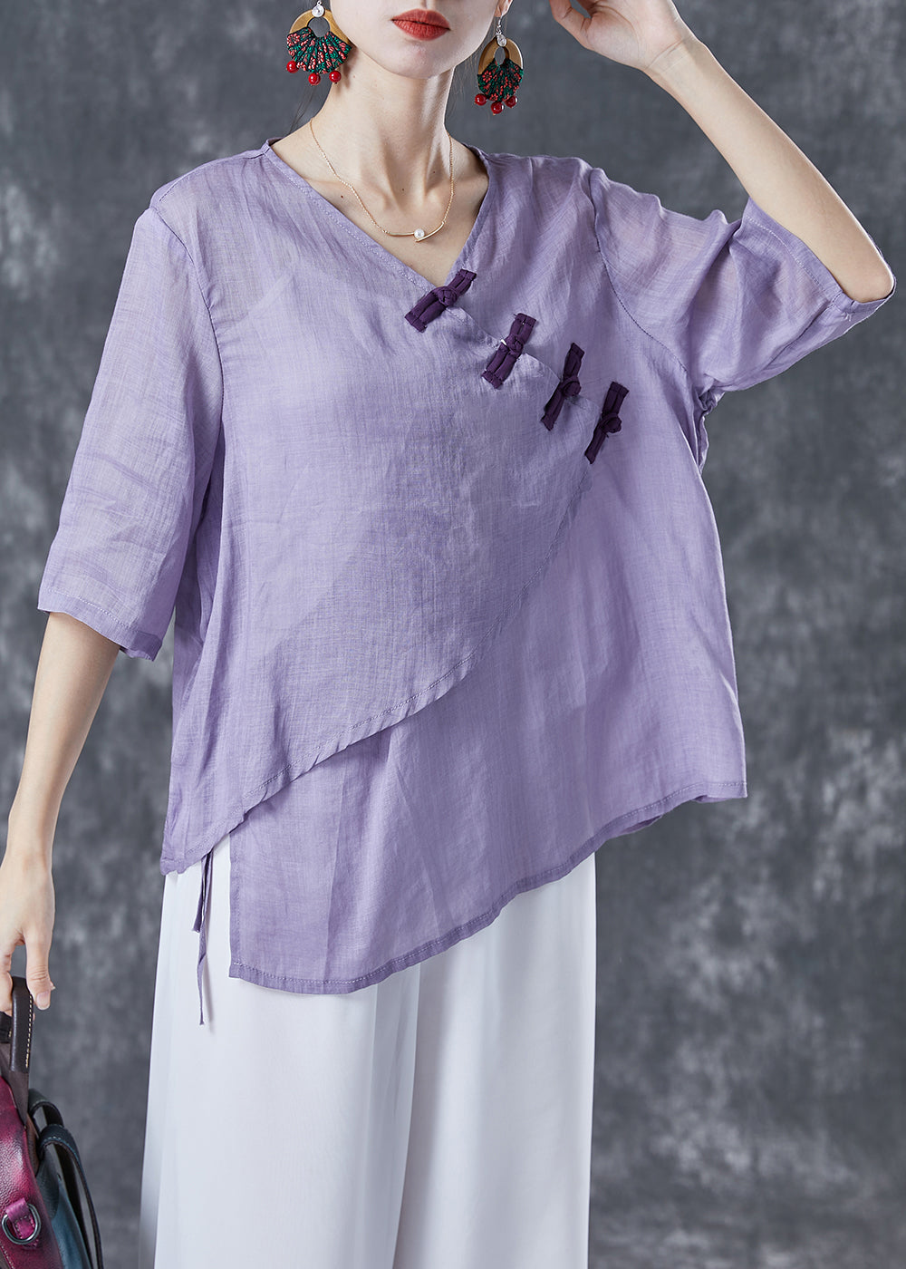 Women Purple Asymmetrical Chinese Button Linen Blouse Tops Summer LY4137 - fabuloryshop