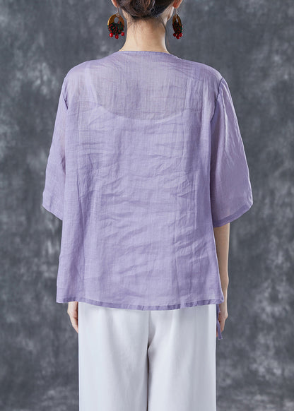 Women Purple Asymmetrical Chinese Button Linen Blouse Tops Summer LY4137 - fabuloryshop