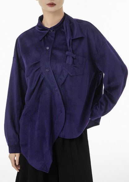 Women Purple Asymmetrical Design Silk Velour Shirt Top Spring TS1081 - fabuloryshop