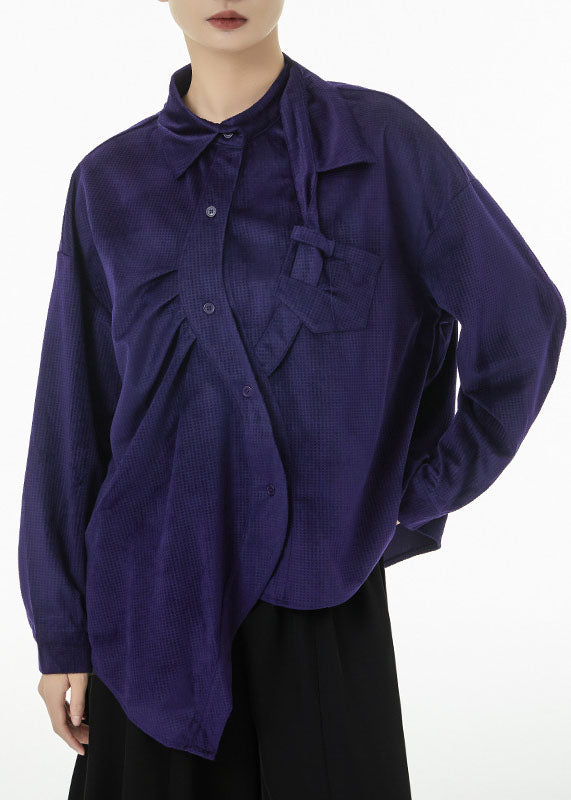 Women Purple Asymmetrical Design Silk Velour Shirt Top Spring LC0131 - fabuloryshop