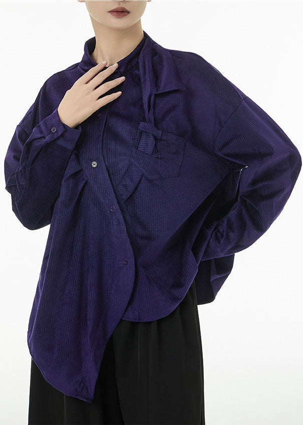 Women Purple Asymmetrical Design Silk Velour Shirt Top Spring TS1081 - fabuloryshop