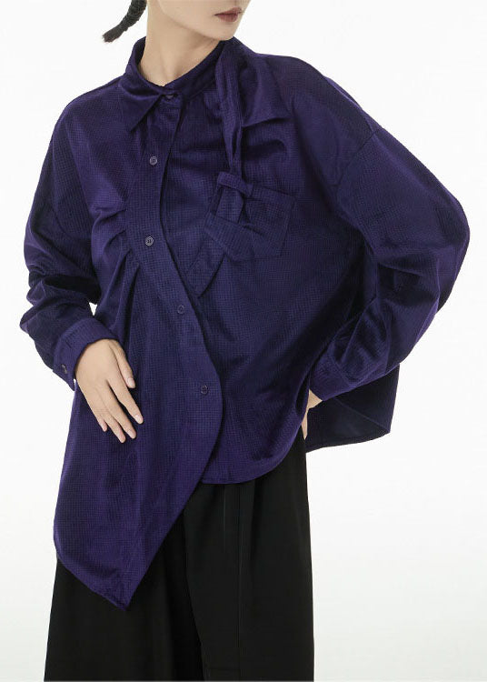 Women Purple Asymmetrical Design Silk Velour Shirt Top Spring TS1081 - fabuloryshop