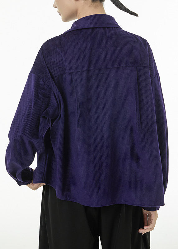 Women Purple Asymmetrical Design Silk Velour Shirt Top Spring TS1081 - fabuloryshop