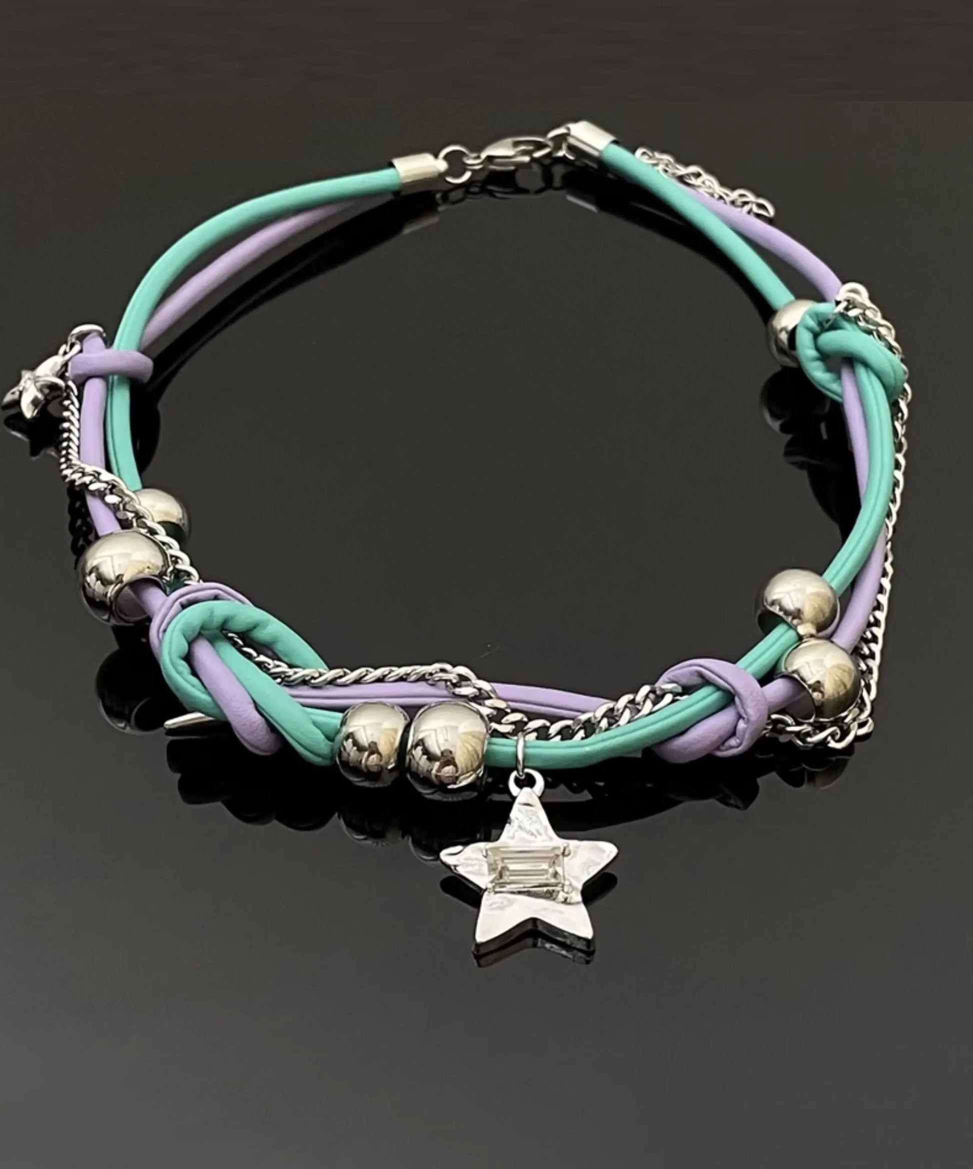 Women Purple Green Patchwork Alloy Colorful Stars Tassel Necklaces Ada Fashion
