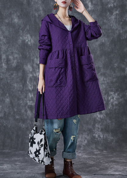 Women Purple Hooded Pockets Cotton Tench Coats Fall Ada Fashion