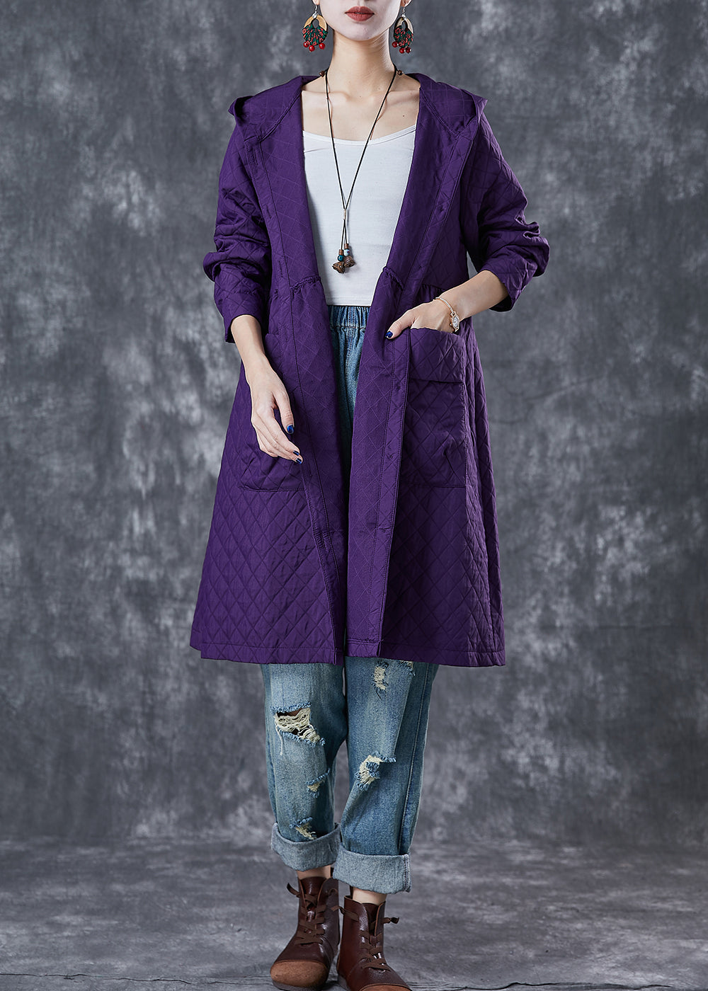 Women Purple Hooded Pockets Cotton Tench Coats Fall Ada Fashion