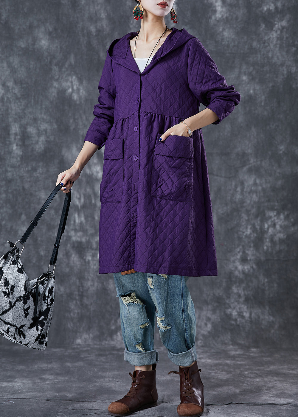 Women Purple Hooded Pockets Cotton Tench Coats Fall Ada Fashion