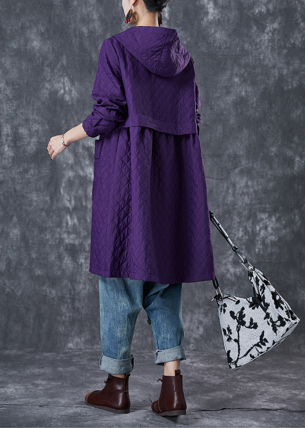 Women Purple Hooded Pockets Cotton Tench Coats Fall Ada Fashion