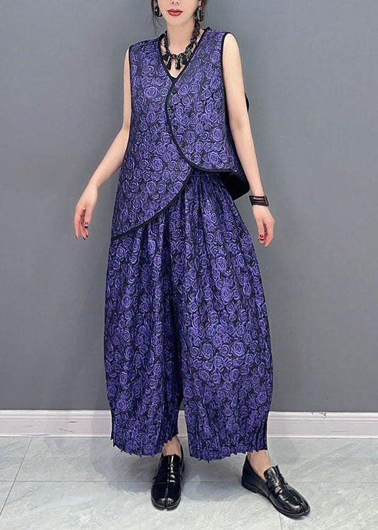 Women Purple Jacquard Vest And Pants Cotton Two Piece Set Summer Ada Fashion