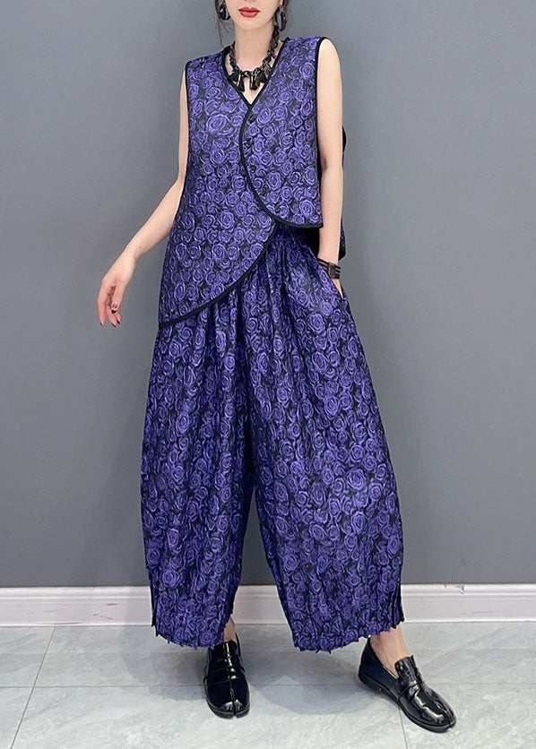 Women Purple Jacquard Vest And Pants Cotton Two Piece Set Summer Ada Fashion