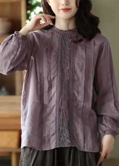 Women Purple Lace Patchwork Solid Ramie Shirt Long Sleeve LY5059 - fabuloryshop