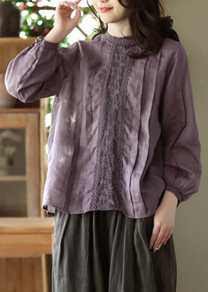 Women Purple Lace Patchwork Solid Ramie Shirt Long Sleeve LY5059 - fabuloryshop