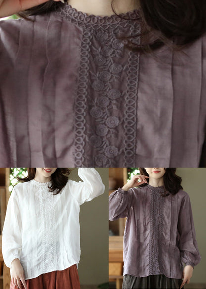 Women Purple Lace Patchwork Solid Ramie Shirt Long Sleeve LY5059 - fabuloryshop