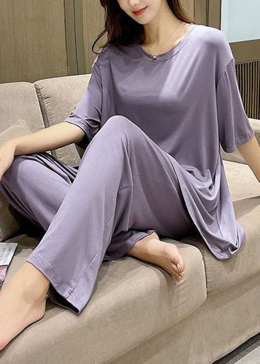 Women Purple O-Neck Patchwork Thin Cotton Two Piece Set Pajamas Short Sleeve LY2812 - fabuloryshop