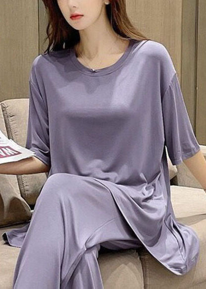 Women Purple O-Neck Patchwork Thin Cotton Two Piece Set Pajamas Short Sleeve LY2812 - fabuloryshop