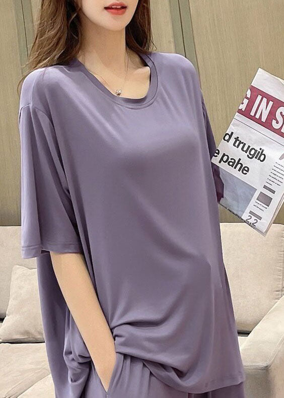 Women Purple O-Neck Patchwork Thin Cotton Two Piece Set Pajamas Short Sleeve LY2812 - fabuloryshop