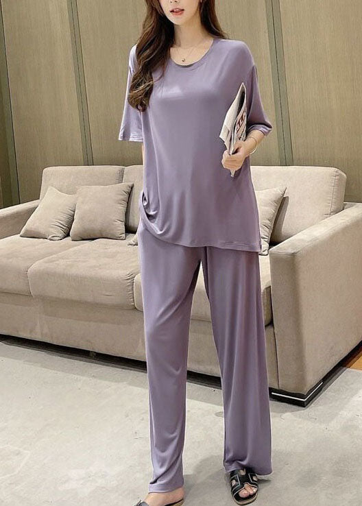 Women Purple O-Neck Patchwork Thin Cotton Two Piece Set Pajamas Short Sleeve LY2812 - fabuloryshop