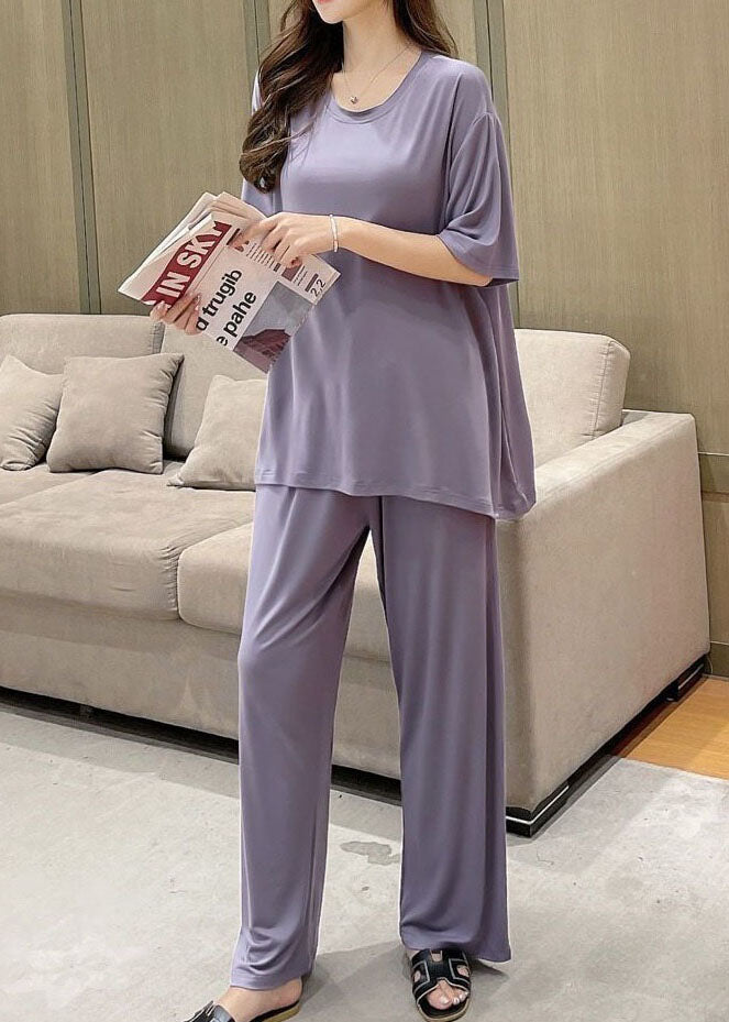 Women Purple O-Neck Patchwork Thin Cotton Two Piece Set Pajamas Short Sleeve LY2812 - fabuloryshop