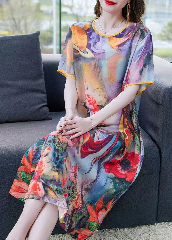 Women Purple O Neck Print Patchwork Chiffon Dress Summer Ada Fashion