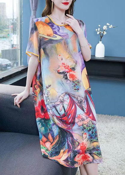 Women Purple O Neck Print Patchwork Chiffon Dress Summer Ada Fashion