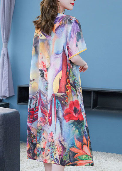 Women Purple O Neck Print Patchwork Chiffon Dress Summer Ada Fashion