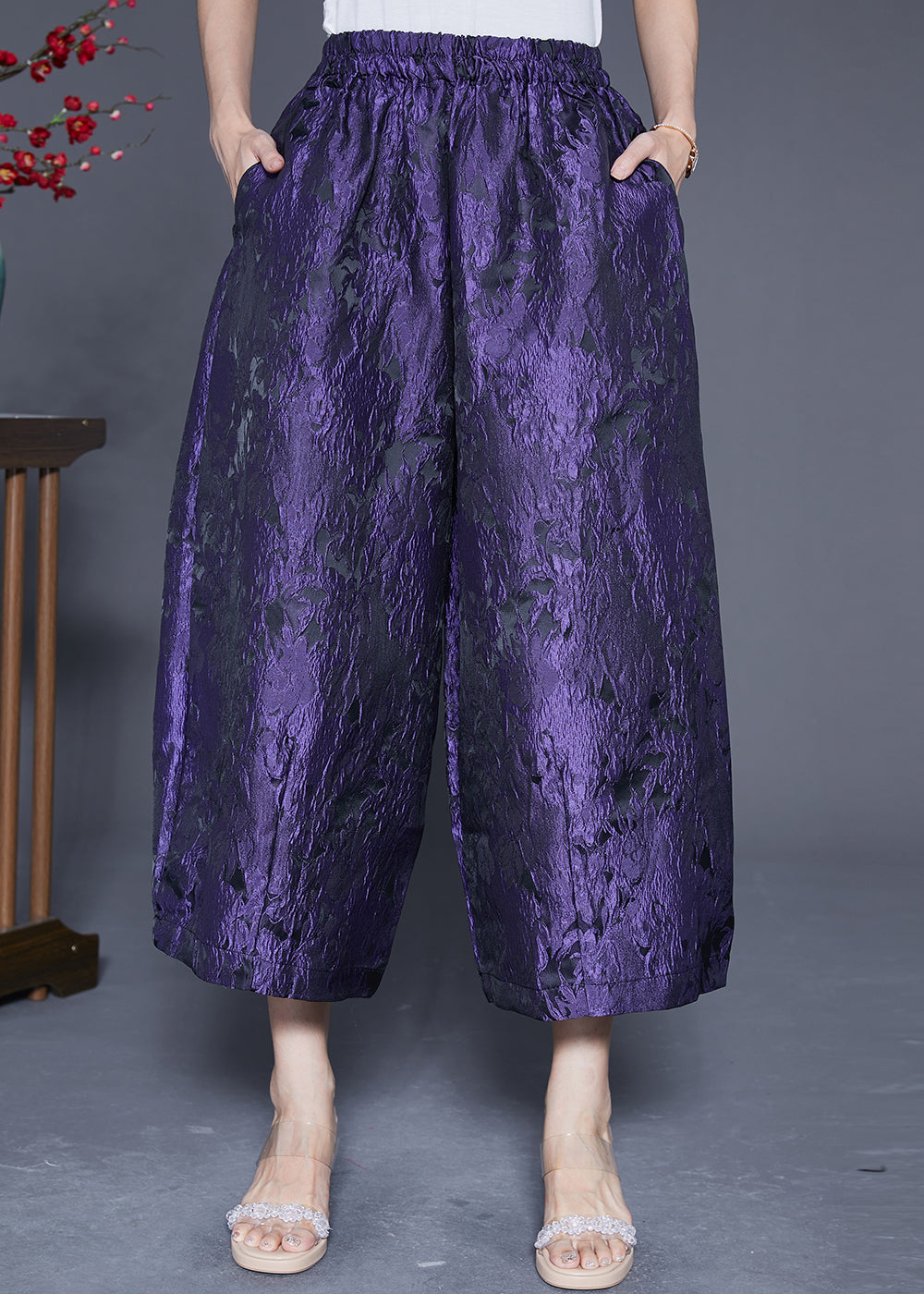 Women Purple Oversized Jacquard Silk Wide Leg Pants Summer LY4815 - fabuloryshop