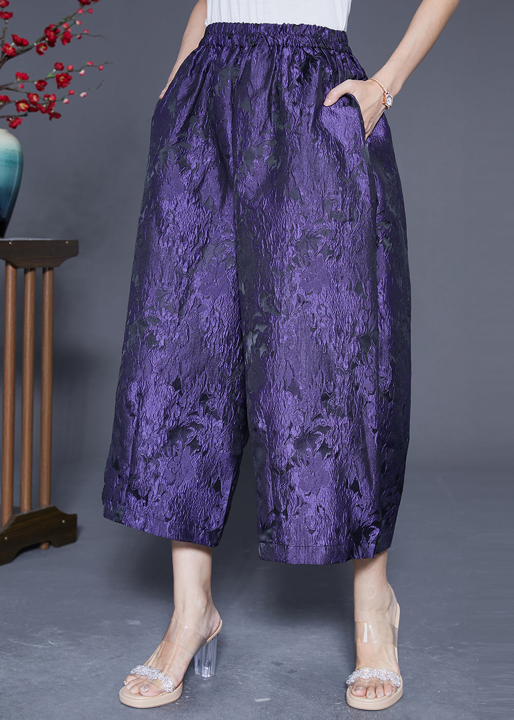 Women Purple Oversized Jacquard Silk Wide Leg Pants Summer LY4815 - fabuloryshop