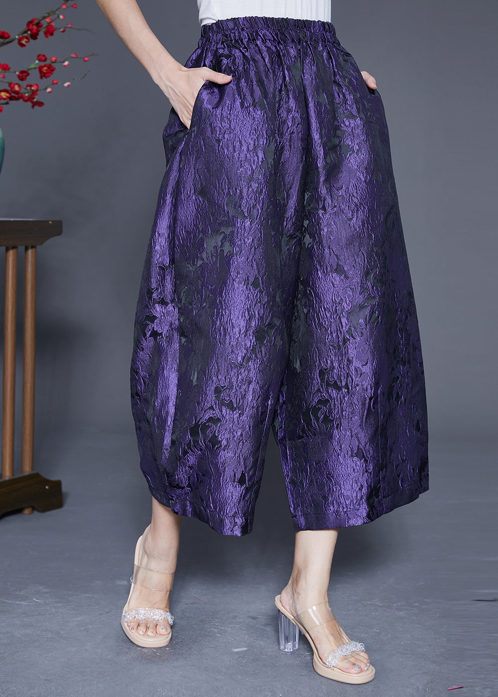 Women Purple Oversized Jacquard Silk Wide Leg Pants Summer LY4815 - fabuloryshop